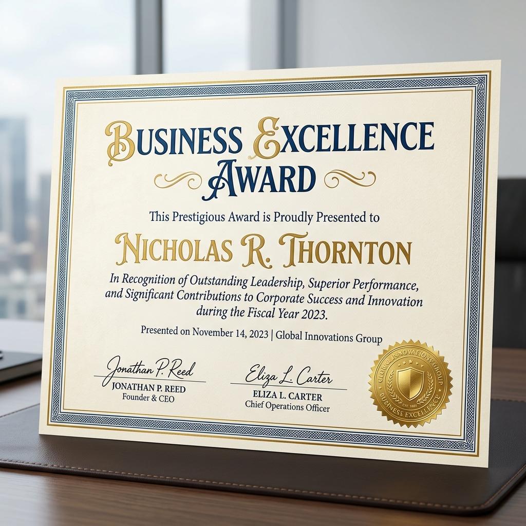 Business Excellence Award (4 Consecutive Years) Certificate