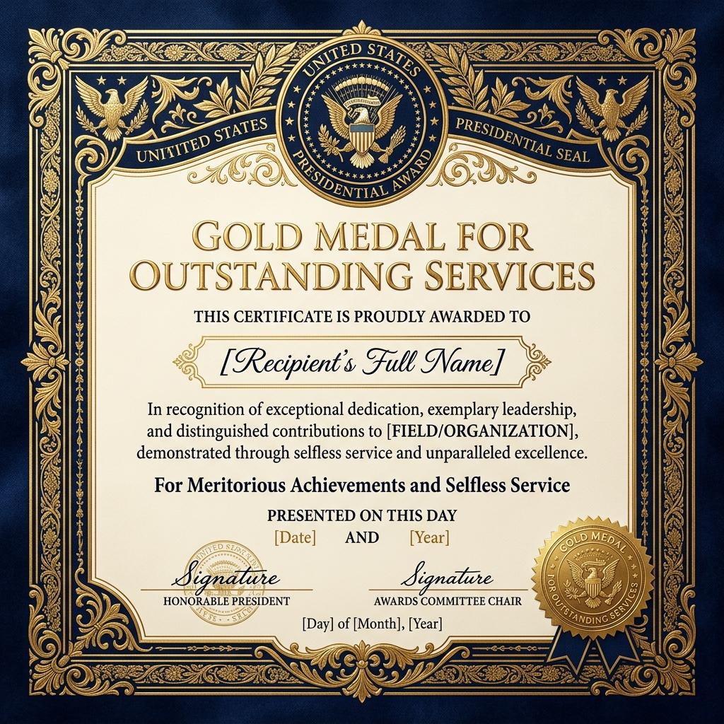 Gold Medal by the President of Pakistan for Services Certificate